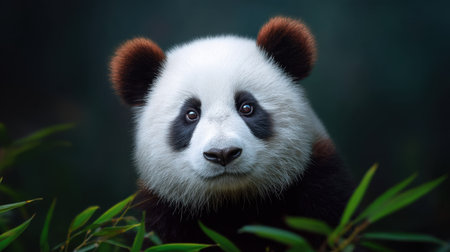 This stunning image features a giant panda, showcasing its endearing expression amidst vibrant greenery, highlighting the beauty of wildlife in its natural habitat.の素材