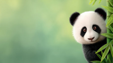 A charming young panda playfully peeks from behind a bamboo stalk, showcasing its cute features against a soft, blurred green backdrop for a serene atmosphere.の素材