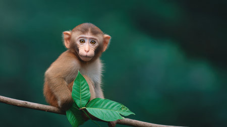 A charming young monkey sits on a branch, surrounded by vibrant green leaves, showcasing its curious expression in a serene forest environment. A perfect wildlife shot.の素材