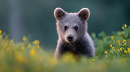 A charming bear cub gazes into the camera amidst a vibrant meadow of wildflowers. This captivating image showcases the beauty of wildlife and nature.の素材