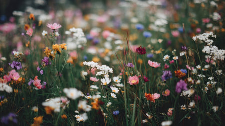 Experience the stunning beauty of a diverse array of wildflowers blooming in a vibrant field, evoking feelings of peace and connection to nature's wonders.の素材