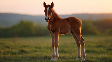 A charming foal stands in a lush green meadow during sunset, radiating warmth and innocence. This serene image captures the beauty of nature and tranquility.の素材