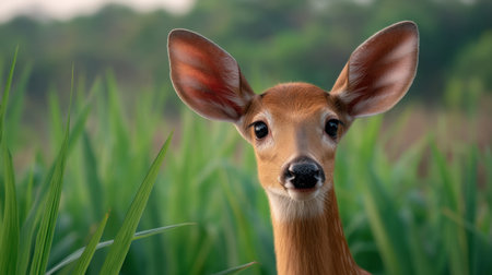 This captivating image features a young deer with large ears, gazing curiously from a field of lush green grass, perfectly capturing the essence of wildlife in a serene environment.の素材