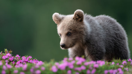 A delightful young bear cub explores a vibrant field of flowers, embodying the cuteness and charm of wildlife in a peaceful natural setting.の素材