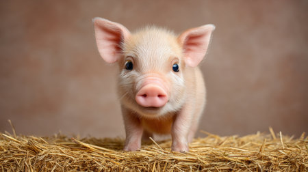 A charming photo of a cute piglet standing on straw, showcasing its big eyes and cheerful expression. Ideal for use in themes related to agriculture and nature.の素材