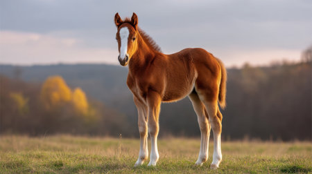 A young foal stands gracefully in a lush pasture, its soft brown coat glowing in the warm sunlight. This image beautifully captures the essence of tranquility in nature.の素材