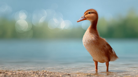 A charming duckling stands gracefully on a sandy beach, surrounded by glistening water and lush greenery. The soft feathers and adorable expression evoke warmth and tranquility.の素材