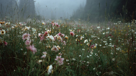 A breathtaking wildflower meadow filled with vibrant blooms, enveloped in soft mist, creating a serene atmosphere perfect for nature lovers and tranquil moments.の素材