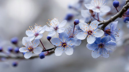 This stunning photograph captures delicate blue flowers on a branch, showcasing their intricate petals and vibrant colors against a soft background. Perfect for nature-themed projects.の素材