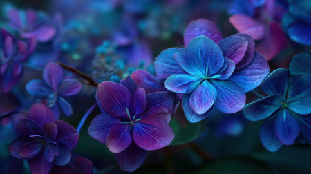 This stunning close-up showcases vibrant purple and blue flowers with a soft-focus effect, inviting viewers to appreciate the beauty of nature in every petal.の素材