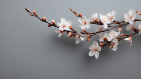 A beautiful cherry blossom branch adorned with soft pink buds and delicate flowers set against a minimalist gray background, evoking feelings of spring and serenity.の素材