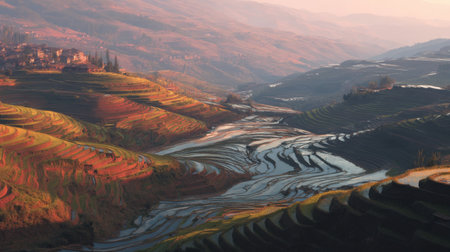 Breathtaking view of terraced rice fields at sunrise, showcasing the vibrant colors of nature. The calm waters reflect the serene landscape surrounded by mountains.の素材