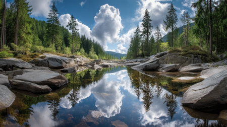 A breathtaking view of a tranquil forest scene, showcasing lush trees and dramatic clouds reflecting beautifully in calm waters, perfect for nature lovers.の素材