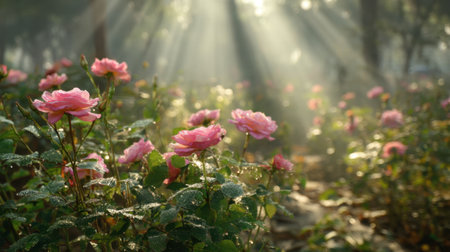 A magical scene of pink roses bathed in soft morning light, surrounded by mist and lush greenery, creating a serene atmosphere perfect for nature photography enthusiasts.の素材