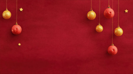 Vibrant red background featuring colorful hanging ornaments and stars, perfect for holiday decoration themes, party invitations, and festive celebrations this winter.の素材
