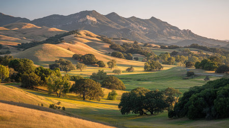 This stunning landscape captures rolling hills bathed in golden sunlight, framed by majestic mountains, showcasing the beauty of nature in a tranquil setting.の素材