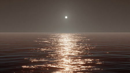 A tranquil twilight scene depicting a calm ocean with a sparkling surface reflecting the distant sun, creating a peaceful atmosphere perfect for relaxation and meditation.の素材