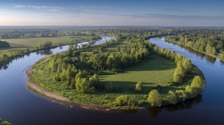 A breathtaking aerial perspective of a winding river, bordered by verdant forests and open meadows, capturing the peaceful essence of nature at dawn.の素材