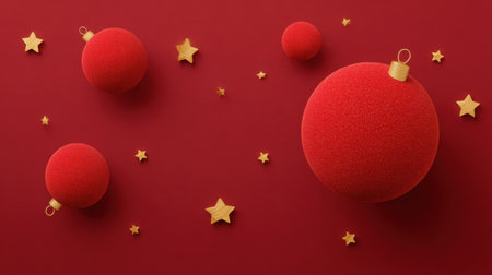 A vibrant composition featuring soft red Christmas ornaments paired with golden stars on a rich red background, perfect for evoking holiday cheer and warmth.の素材