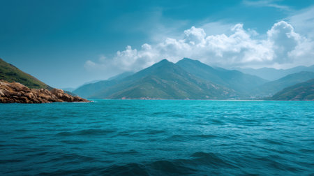 This stunning coastal image captures the beauty of turquoise waters contrasting against majestic mountains under a vivid sky filled with fluffy clouds.の素材