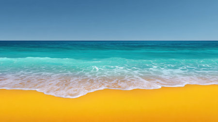 A serene ocean view featuring gentle waves lapping against a pristine sandy shore, perfect for those seeking relaxation and a tranquil summer escape.の素材