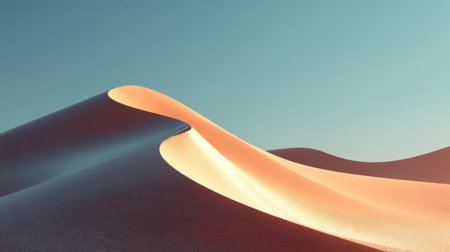 This stunning image showcases the gentle curves of majestic sand dunes bathed in warm sunlight, presenting a serene and tranquil desert landscape that invites exploration.の素材