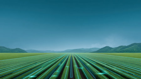 A breathtaking view of a high-tech farming landscape showcasing vibrant green fields under a clear blue sky with distant mountains, emphasizing modern agricultural practices.の素材