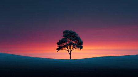 A solitary tree stands silhouetted against a vibrant sunset sky, creating a tranquil and peaceful scene in nature. Ideal for relaxation and inspiration.の素材