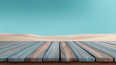 A beautiful wooden deck extends toward soft sand dunes beneath a clear blue sky, creating a tranquil and inviting backdrop perfect for vacation themes.の素材
