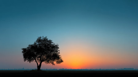 A solitary tree stands against a stunning sunset, casting a peaceful silhouette. The calm horizon and soft colors create a tranquil and serene atmosphere in nature.の素材