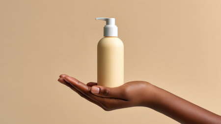 A graceful yellow lotion bottle rests in an open hand, set against a tranquil beige backdrop, perfect for promoting beauty, skincare, and wellness themes.の素材