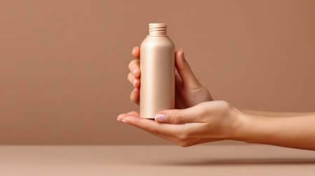 A graceful hand showcases a sleek, minimalist bottle against a warm brown backdrop, reflecting modern beauty and skincare themes in an elegant design.の素材