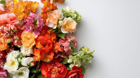 A stunning collection of colorful flowers in shades of pink, orange, and white artistically arranged on a soft white background, perfect for creative projects and floral inspiration.の素材