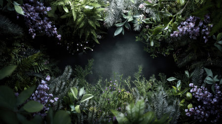 A captivating arrangement of lush greenery and delicate flowers creates a natural frame against a dark background, ideal for eco-friendly projects or nature-themed designs.の素材