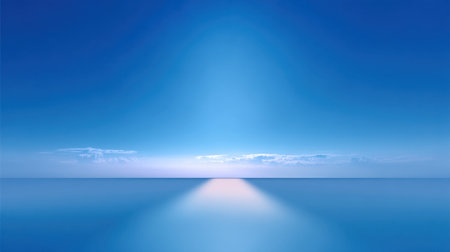 A serene seascape featuring a stunning blue ocean meeting a gentle horizon under a clear sky. The tranquil waters reflect soft gradients of light, creating a peaceful atmosphere.の素材