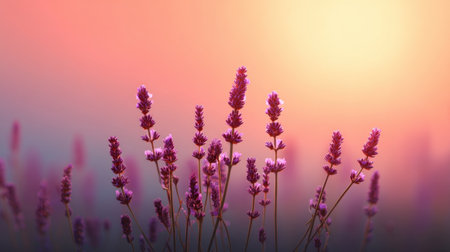This image features elegant lavender blooms set against a warm sunset backdrop, exuding tranquility and peace, perfect for nature and floral themes.の素材