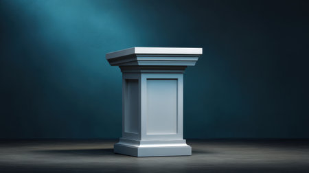 A minimalist podium set against a softly lit backdrop, ideal for speeches or presentations. Its sleek design enhances focus and adds elegance to any setting.の素材