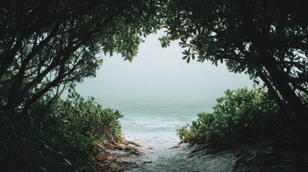 A tranquil coastal scene framed by lush foliage and fog. The view opens to the ocean, inviting exploration and offering a serene escape into natureの素材