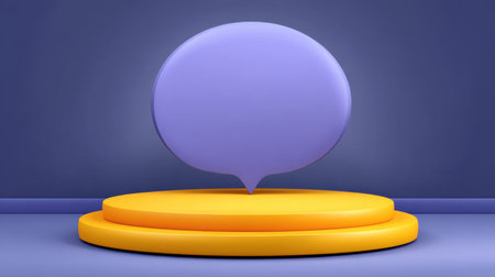 A colorful speech bubble sits atop a circular platform, set against a purple backdrop. This playful design offers an ideal space for creative communication themes.の素材