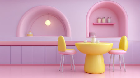 A vibrant kitchen interior featuring a cheerful pink and yellow color scheme, stylish furniture, and playful decor elements creates an inviting space for creativity and relaxation.の素材
