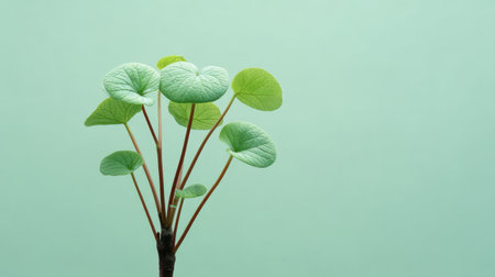 A minimalistic composition featuring vibrant green leaves on a slender stem against a soft mint background. Perfect for themes of growth, nature, and wellness.の素材