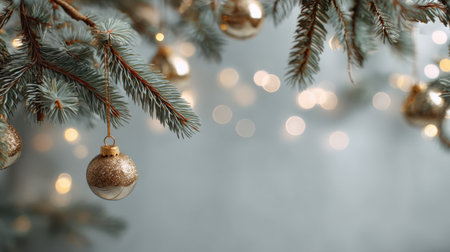 A close-up view of a beautiful Christmas ornament hanging from a pine branch. Soft bokeh lights in the background create a warm and festive ambiance for celebrating the holiday season.の素材