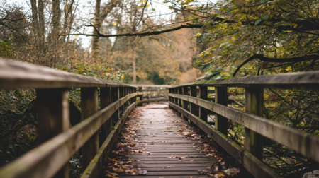 A serene wooden bridge stretches over a peaceful pathway, surrounded by vibrant autumn leaves and lush greenery, inviting exploration in nature's embrace.の素材