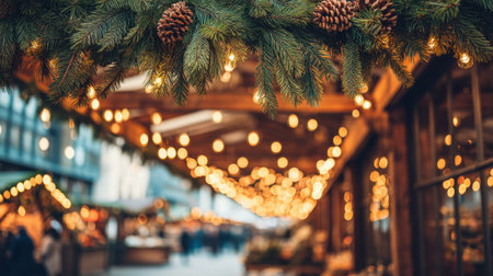 A charming Christmas market scene, featuring festive pine decorations and warm glowing lights, inviting visitors to enjoy the holiday spirit in a winter wonderland.の素材