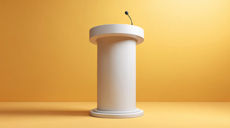 A sleek, modern white podium with a microphone sits alone against a bright yellow background, perfect for presentations, public speaking events, and minimalistic setups.の素材