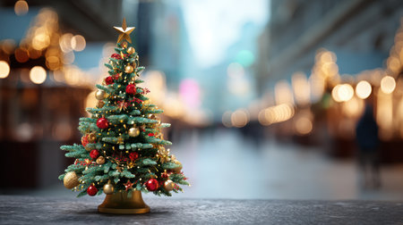 This image showcases a beautifully decorated Christmas tree with vibrant ornaments and a star atop, set against a blurry market background, capturing festive spirit.の素材