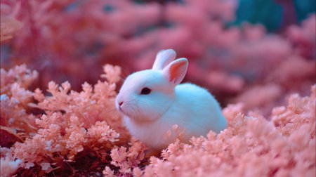 A charming white rabbit rests softly among vibrant pink foliage, creating a whimsical and serene scene that highlights the beauty of nature and innocence.の素材