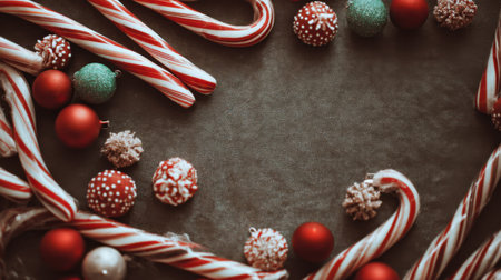 A delightful scene featuring festive candy canes and colorful ornaments arranged in a joyful frame, perfect for evoking the spirit of Christmas and holiday celebrations.の素材
