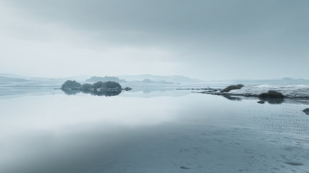 A tranquil winter landscape featuring a still body of water that mirrors the overcast sky and frosty shores, capturing the essence of remote natural beauty.の素材