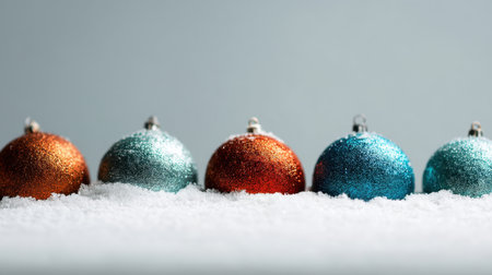 A beautiful display of colorful Christmas ornaments in various shades of bright orange, red, and blue resting on soft white snow, ideal for wintertime celebration themes.の素材
